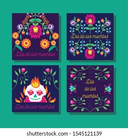 dia de los muertos cards with skulls and flowers vector illustration design