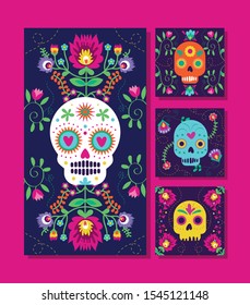 dia de los muertos cards with skulls and flowers vector illustration design