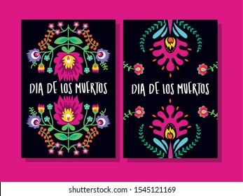 dia de los muertos cards lettering with flowers vector illustration design