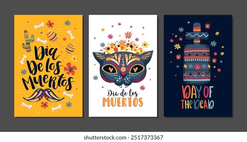 Dia de Los Muertos cards with cat and lettering, Mexican Day of the Dead, set of greeting cards with hand drawn lettering, flowers, skulls on dark blue and white background