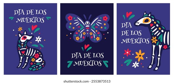 Dia de los Muertos cards. Flower skeleton animals. Mexican holiday invitation. Bones silhouettes with blossoms. Mammal skull. Dead horse and dog. Butterfly of death