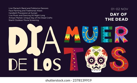 Dia de Los Muertos carnival vector horizontal poster. Mexican Day of the Dead national festival greeting card with colorful lettering and skull. Mexico religious november holiday flyer design template