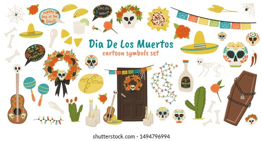 Dia De Los Muertos cartoon style hand drawn holiday symbols set - cactus, tequila, margarita, cat skeleton, skull, taco, guitar, nachos, coffin, marigold etc. Stock vector