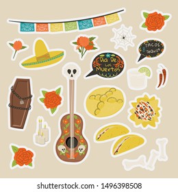 Dia De Los Muertos cartoon style hand drawn stickers set with nachos, margarita, guitar, sombrero, coffin, taco, pan de mureto etc. Stock vector