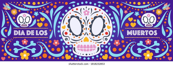 Dia de Los Muertos cartoon colorful style illustration. Day of the Dead with skull and flower for decoration, funny poster party, t shirt, fiesta, greeting card. Mexico Halloween flyer. Vector 10 eps