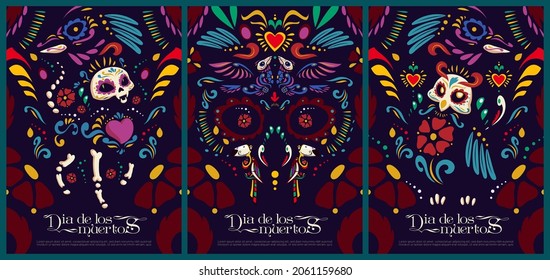 Dia de los muertos cartoon posters, Mexican Day of the dead animals and birds skeleton in traditional alebrije style, holiday sugar skulls, flower and feathers ornaments of Mexico, Vector illustration