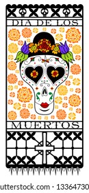 Dia de los Muertos Catarina with marigolds in black frame. Day of the dead. Mexican holiday