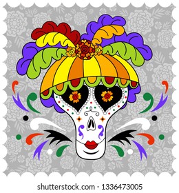 Dia de los Muertos Catrina in the hat vector illustration. Day of the dead. Mexican holiday