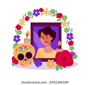 Dia de los Muertos. Celebrating Day of the Dead in Mexico. Memory of a relative. Photo of a woman in a frame. Burning candles, skull. Flower arch. Vector illustration isolated on white background.