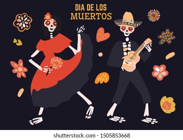 Dia de los muertos celebration card with two cute cartoon skeletons dancing, playing music, flowers hand drawn in traditional style. Text translation: Day of the Dead.