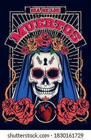 dia de los muertos celebration with woman skull and heart vector illustration design