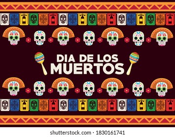 dia de los muertos celebration poster with skulls heads group and maracas vector illustration design