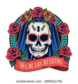 dia de los muertos celebration with woman skull in red ribbon frame vector illustration design