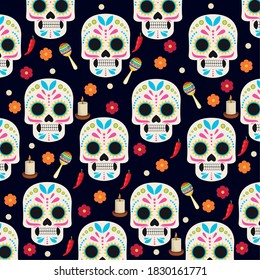 dia de los muertos celebration poster with skulls heads and flowers group pattern vector illustration design