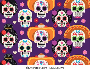 dia de los muertos celebration poster with skulls heads group pattern vector illustration design