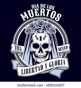 dia de los muertos celebration with woman skull and ribbon in black background vector illustration design