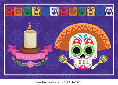 dia de los muertos celebration poster with skull head and candle vector illustration design