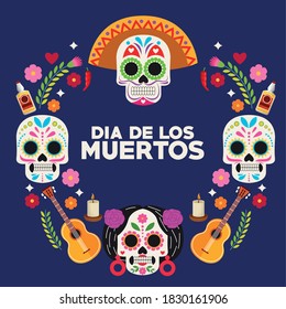 afiche de celebración de dia de los muertos con cabezas de cráneo grupo y guitarras alrededor del diseño de ilustración de vector