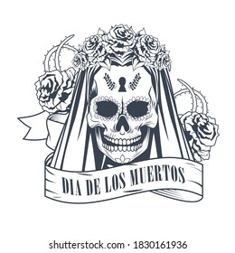 dia de los muertos celebration with woman skull in ribbon frame drawing vector illustration design