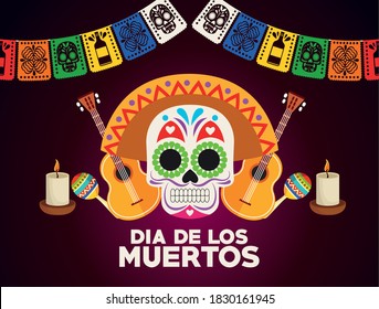 dia de los muertos celebration poster with skull head vector illustration design