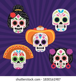 dia de los muertos celebration poster with skulls heads group vector illustration design