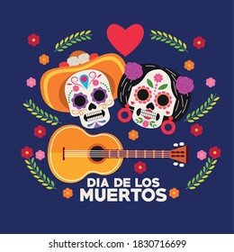 dia de los muertos celebration poster with skulls couple and guitar vector illustration design