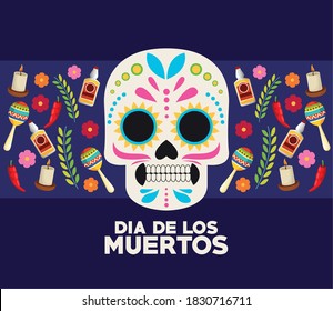 dia de los muertos celebration poster with skull head and set icons vector illustration design