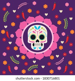 dia de los muertos celebration poster with skull and flowers vector illustration design