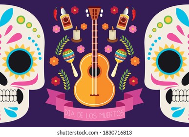 dia de los muertos celebration poster with skulls couple and set icons vector illustration design