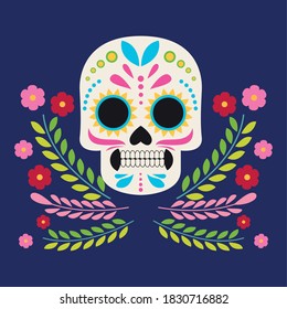 dia de los muertos celebration poster with skull head and flowers vector illustration design