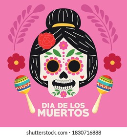 dia de los muertos celebration poster with catrina head and maracas vector illustration design