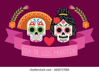 dia de los muertos celebration poster with skulls couple and ribbon vector illustration design