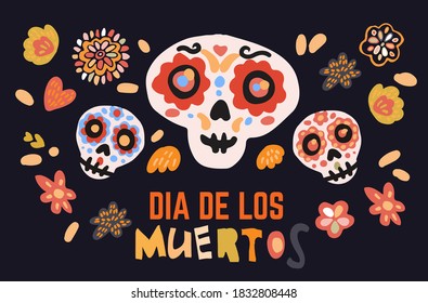 Dia de los muertos celebration card with cute cartoon calavera sugar skulls , flowers hand drawn in traditional style. Text translation: Day of the Dead.