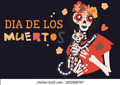 Dia de los muertos celebration card with cute cartoon female skeleton woman holding cat, flowers hand drawn in traditional style. Text translation: Day of the Dead.