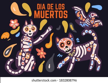 Dia de los muertos celebration card with cute cartoon cat and bird painted as sugar skull calavera, flowers in traditional style. Text translation: Day of the Dead.