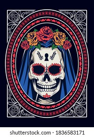 dia de los muertos celebration with woman skull and roses in square frame vector illustration design