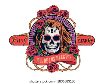 dia de los muertos celebration with woman skull and roses flowers vector illustration design