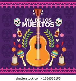 afiche de la celebración de dia de los muertos con la pareja de cráneos y set iconos diseño de ilustraciones vectoriales