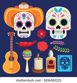 dia de los muertos celebration poster with skulls couple and instruments vector illustration design