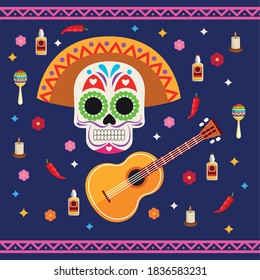 dia de los muertos celebration poster with skull head and guitar vector illustration design