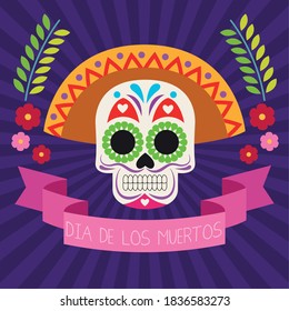 dia de los muertos celebration poster with skull head and ribbon frame vector illustration design