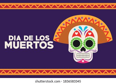 dia de los muertos celebration poster with skull head and lettering vector illustration design