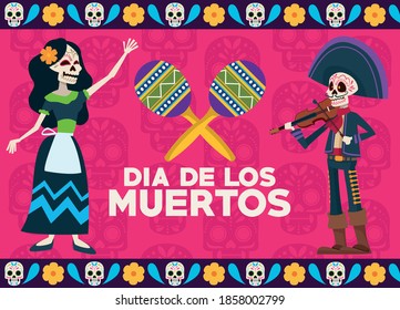 dia de los muertos celebration lettering card with skeletons couple and maracas vector illustration design