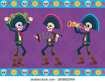 dia de los muertos celebration card with skeletons mariachis vector illustration design