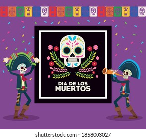 dia de los muertos celebration card with skeletons mariachis and garlands vector illustration design