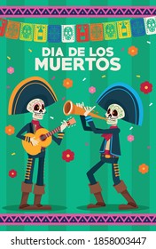 dia de los muertos celebration card with skeletons mariachis and garlands vector illustration design