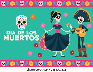 dia de los muertos celebration lettering card with skeletons couple vector illustration design