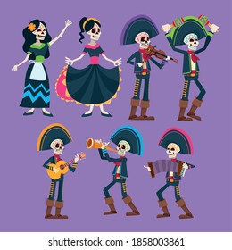 dia de los muertos celebration card with skeletons group characters vector illustration design