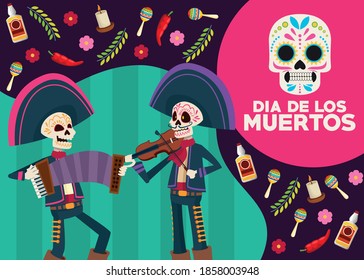 dia de los muertos celebration card with skeletons mariachis and skull painted vector illustration design