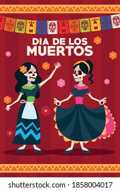 dia de los muertos celebration card with skeletons girls and garlands vector illustration design